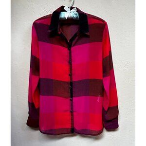 Robert Kitchen Button Down Check Plaid Chiffon Shirt Size Small Red Long Sleeve